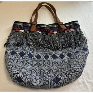 BOHO Woven Tote Beach Bag Fringe Beaded Red White & Blue Poolside Vacation Hobo